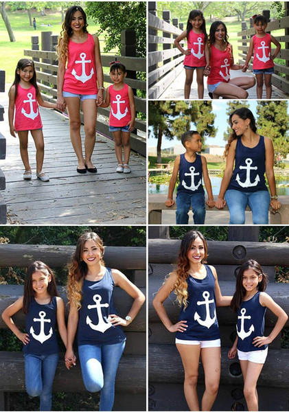 INS HOT Family Matching Outfits For Mom And daughter T-shirt Mother and Baby Anchor printed on the back of the bow cotton vest T-shirt in Eu