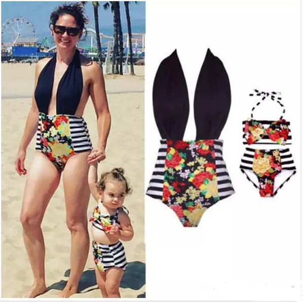 New Family Matching Outfits Mother And Daughter Summer Swimsuit Kids Parent Striped Swimwear Baby Girls Clothes