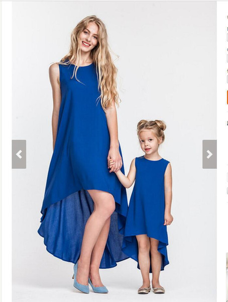 2017 Bohemian Mother & Kids Family Matching Outfits Girls Ankle-length dress Crew Neck blue Solid mother daughter dresses