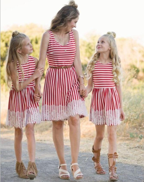 Family Matching Outfits mother daughter dresses Red and White Striped Lace Skirt Hem Knee length Dress