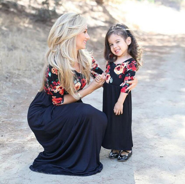 2017 Brand new family matching clothes Mother Daughter dress flower Printing Long dress Bohemia dress