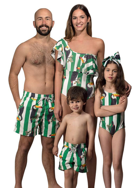 Mommy And Me Green Birds Swimsuit 2019 Family Matching Clothes Family Look Swimsuit Father Son Matching Clothes