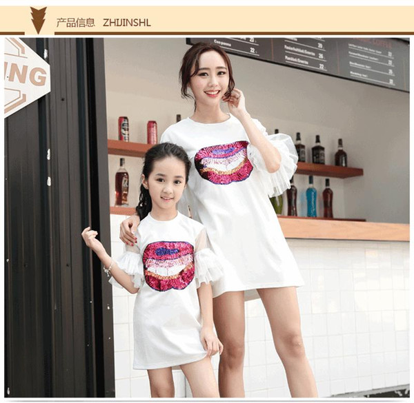 Mother And Daughter Sequined Red Lips Dress 2018 Kids Summer Flare Sleeve Dresses Parent Child Cartoon Dress Family Matching Outfits