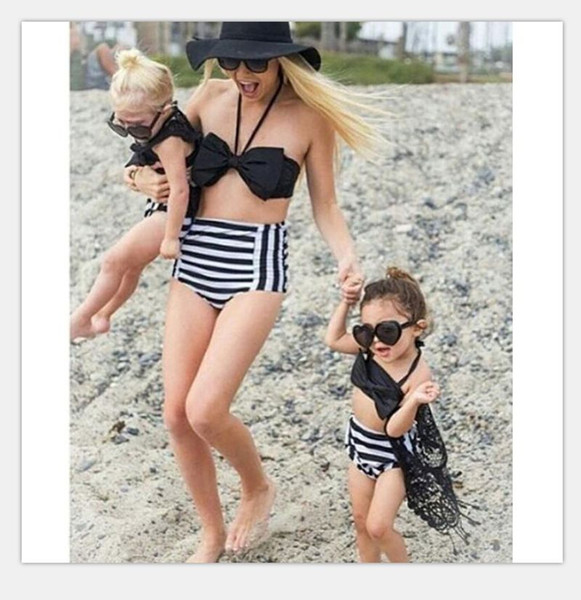 2017 Family Matching Outfits Mother And Daughter Summer Swimsuit Kids Parent Black Striped Swimwear Baby Girls Clothes Family Look