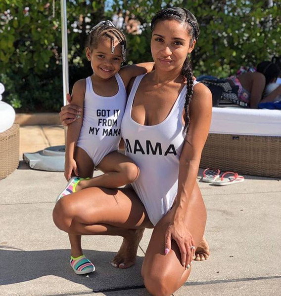 Family Matching Outfits 2018 Mother And Daughter Summer Swimsuit Kids Parent Letters Swimwear Baby Girls FROM MAMA Clothes