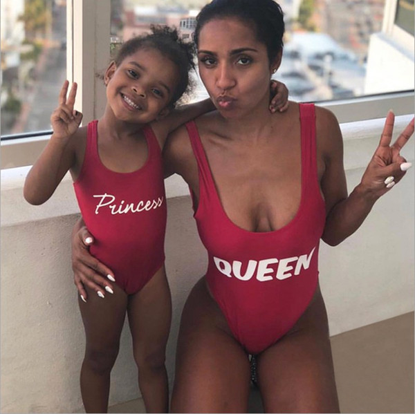 Mother And Me Letters Swimwears 2019 Family Matching Clothes Mom And Daughter Queen Princess Swimwears Girls Red Swear