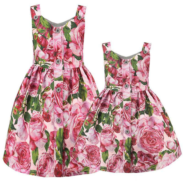 Mother And Daughter Roses Dresses 2019 Family Matching Clothes Mommy And Me Clothes Mom Daughter Floral Dress