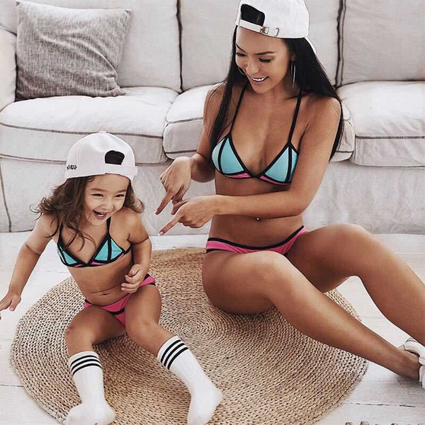 2018 Family Matching Outfits Mother And Daughter Summer Swimsuit Kids Parent Contrast Color Swimwear Baby Girls Clothes