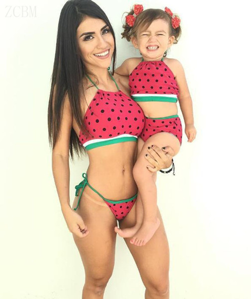 Family Matching Outfits Mother And Daughter Summer Swimsuit Kids Parent Wave And Dotted Swimwear Baby Girls Clothes