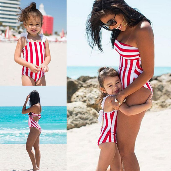 Mommy And Me Red Striped Swimsuit 2019 Family Matching Clothes Family Look Swimsuit Mom And Daughter Matching Clothes