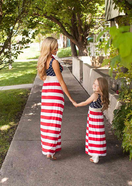 2017 Family Matching Outfits Mother And Daughter Summer Sleeveless Dresses Flag Dress Kids Parent Child Outfits With Belt