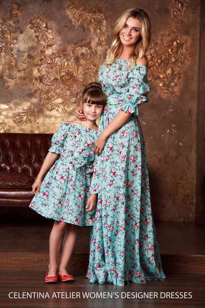 2017 Family Matching Outfits Mother And Daughter Blue FlowerDresses Baby Girls Half Sleeve Dress Kids Parent Summer Clothes Family Look