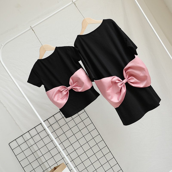 Mother And Daughter Pink Bow T-Shirt Baby Girls Black Tshirt Kids And Parents Summer Sun Dresses Family Matching Outfits