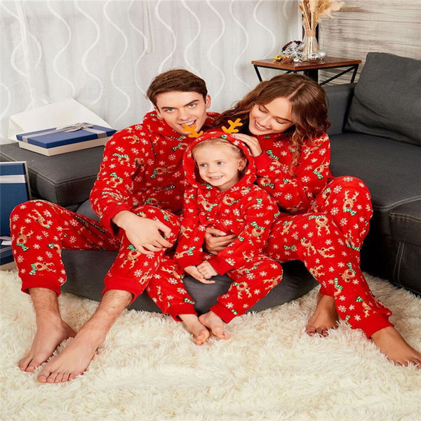 Christmas Matching Family Pajamas Elk Print Hooded Red Nightwear Kid Adult XMAS Gifts Family Matching Jumpsuits Rompers