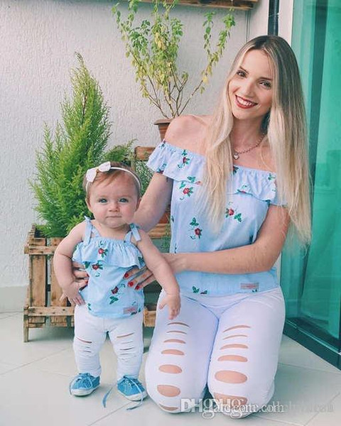 2019 Parent child clothing mother and daughter with the same style of blue striped jacket white hole white pants fashion pants