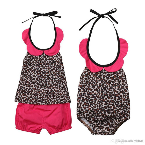 Fashion Newborn Toddler Kids Baby Girl Flower Collar Leopard Strap Romper Big Sister Vest Tops Shorts Family Match Clothes