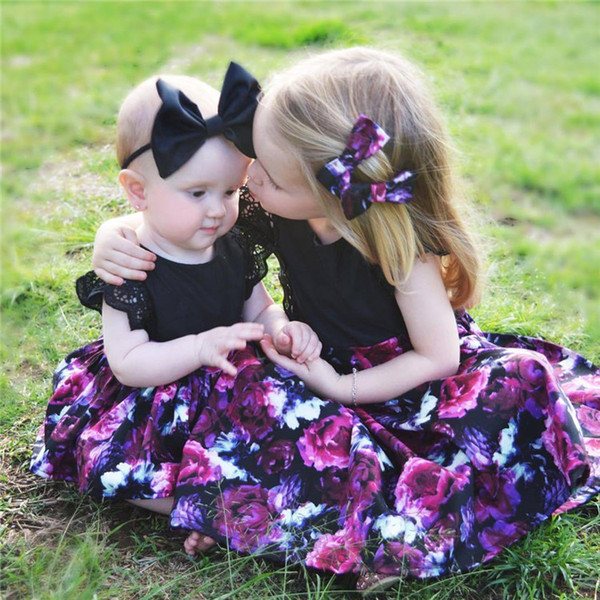 European and American children's clothing 2019 summer sister dress girl lace flying sleeves large flower dress additional hair accessories