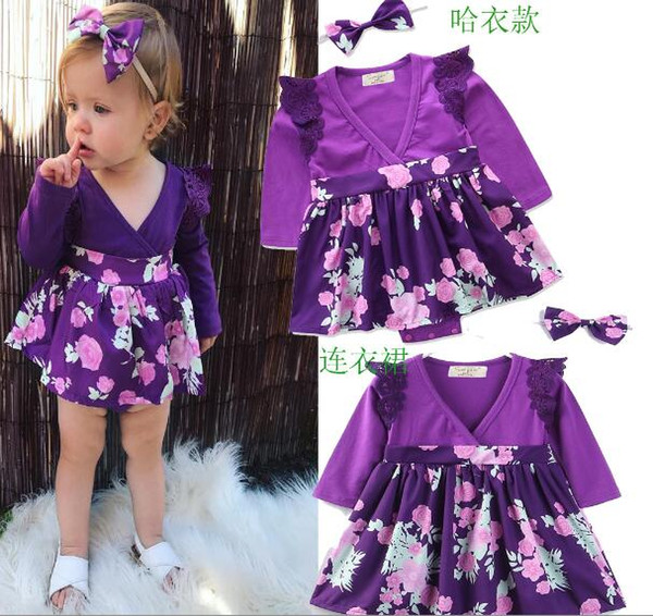 New children's clothing explosions sisters wear infant floral one-piece dress girls lace stitching V-neck long-sleeved floral dress