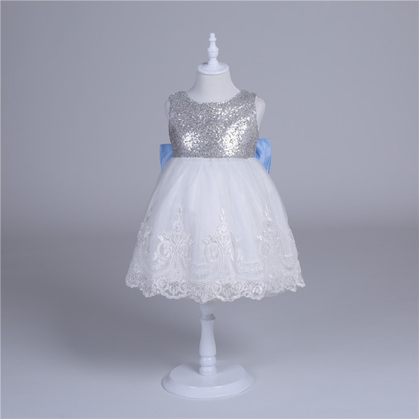 Sleeveless Blue Bow Girls Dresses Children Princess Pageant Formal Wedding Dress Party Kids Clothes Girls Short Dress Bridesmaid Ball Gown