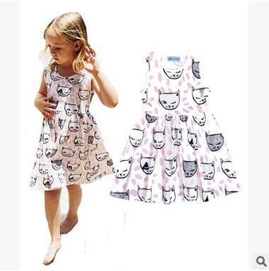 New Arrival Cat Printed Pink Dress For Children Girls Summer Cute Sleeveless Vest Dress Kids Casual Knee-Length Cotton Dress Skirt