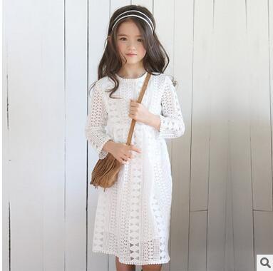 Spring Girl Lace White Long Dress Flower Girl Wedding Dress With Long Sleeve A-line Elegant Princess Skirt Sweetheart Plaid Dress