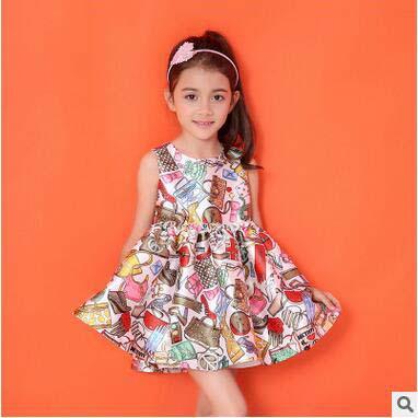 New Fashion Children Girl's All Printed Dress Elegant Vogue Sleeveless Dress Party Queen Dress For Little Lady Hot Selling