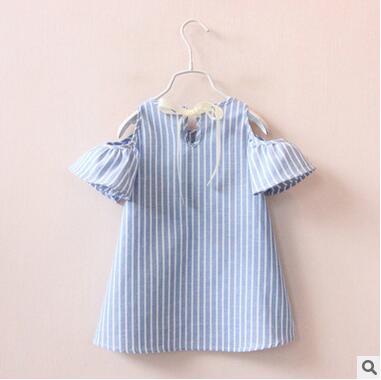 Summer kids blue stripe printing off-shoulder dresses Signature Cotton mini skirt kids casual dresses Children's clothes baby Girl's blouse