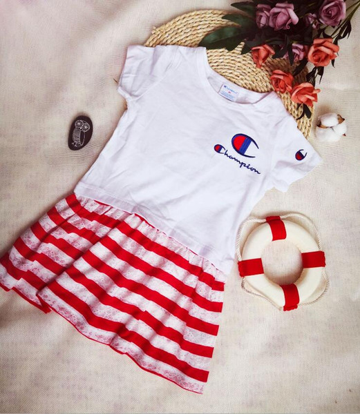 Champion Embroidery Littler Girl's Dress Elegant Lace Striped Famous Logo Brand Designer Japanese Kids Summer Short Sleeves Dresses