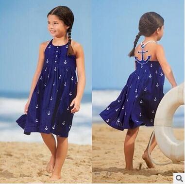 INS HOT Kids Suspenders Blue Dress Little Girl Anchor Printed Backless Beach Dress Children Sweet Summer Dress High Quality Skirt