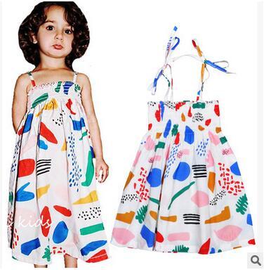 INS HOT Graffiti Suspenders Dress For Little Girl Colorful White Beach Dress Elegent Little Lady Cute Skirt Summer Dress Free Shipping