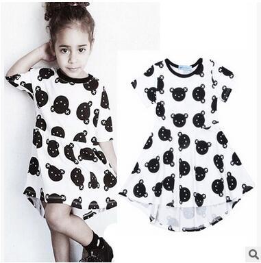 Girls' Clothes Bear Head Printed Dress Fashion Short Sleeve Asymmetrical Dress Kids Summer Dress High Quality Cotton Skirt Free Shipping