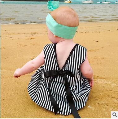 girls back V-neck bowknots dresses Black and white stripes sleeveless cotton dress mini skirt kids Children's clothes baby Girl's blouse