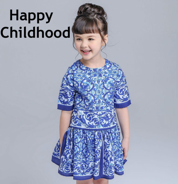 2016 Summer/Spring Brand Blue Girls Dresses 3-13Y kids dresses for girls 1pc short sleeves flower girls clothes majolica print