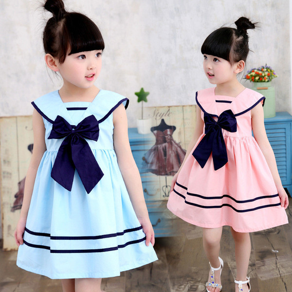 Children girls dress bowknot kids sailor dresses sleeveless cotton summer Naval style Costumes children girl College clothes