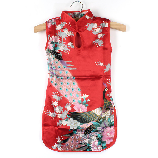 COCKCON Summer Chinese Child Girls Baby Peacock Cheongsam Dress Qipao 2-8Y Clothes