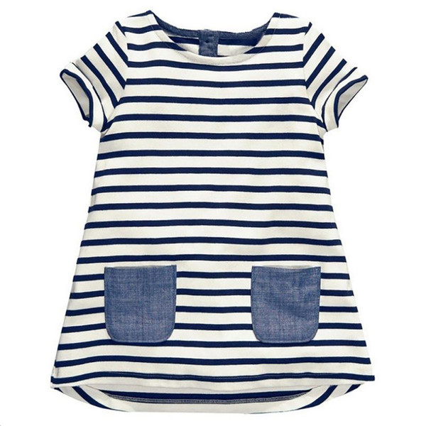 Summer Beach Stripe Princess Baby Girls Dress With Pockets Short Sleeve Toddler Kids Party Dresses