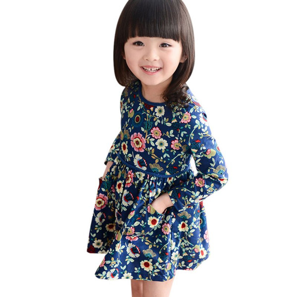 2017 New Autumn Winter Baby Girls Dresses Floral Print Long Sleeve Kids Dresses For Girl Toddler Round Neck