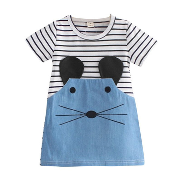 2017 Striped Patchwork Character Printed Girl Dresses Long Sleeve Children Clothing Kids Girls Dress Denim Kids Clothes 2-6Y