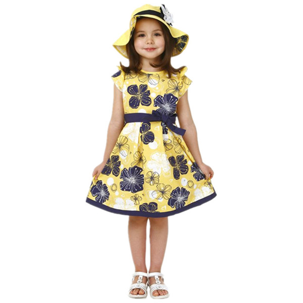 2016 Flower Girls Dresses Party Wedding Princess Costume Vestidos Baby Dress Yellow Girl Dress with Belt Holiday Beach Sundress