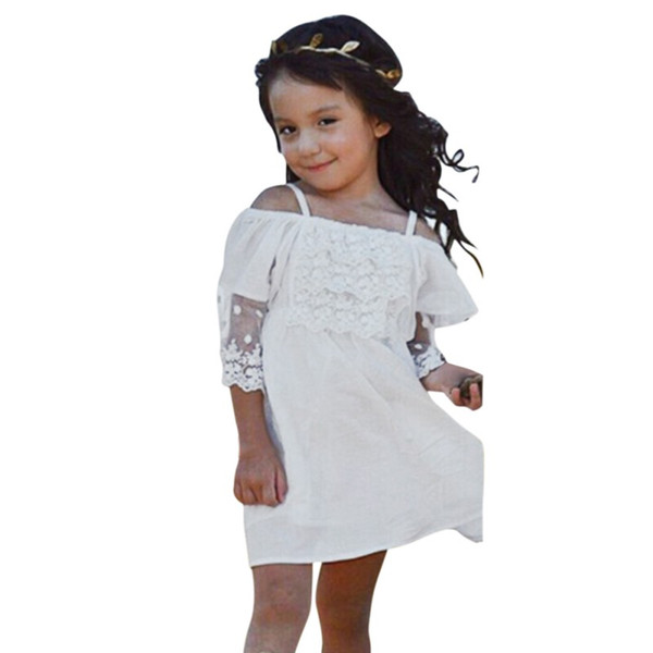 Summer Kids Girls Dress Off-shoulder Ruffles Lace Dresses Baby Clothes Princess Costume 2-7Y