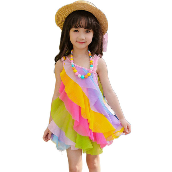 Girls Dresses 2017 Summer Fashion Children's Rainbow Lace Clothing Cute Sleeveless Ball Gown Kids Baby Sundress Clothes Ds297