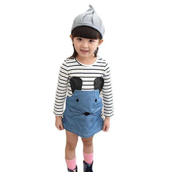 Spring And Autumn New Children Clothing Striped Patchwork Character Baby Girls Dress Denim Long Sleeve Girls Dress 2-7Y