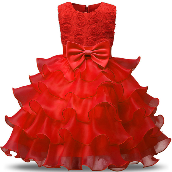 Red Wedding Flower Princess Ball Children Clothing Baptism Evening Gown Girl Dresses Summer Formal Kids Dress Girls Clothes