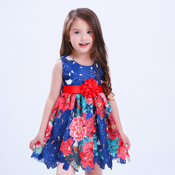 Euro Fashion Summer Flower Girl's Dresses Floral pattern girl Party princess Dress Costumes baby Girl Luxurious dress+belt