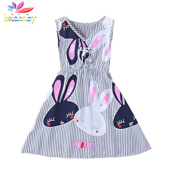 Belababy Summer Girls Dress 2017 New Kids Striped Floral Print Sleeveless Beach Dress For Girl Cartoon Vestido Infantil 3-7Y