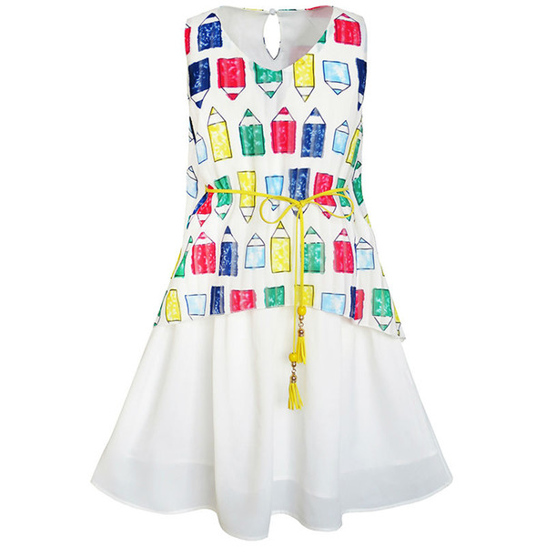 Sunny Fashion Girls Dress Cartoon Colorful Pencil Sash 2-in-1 Sundress 2017 Summer Princess Wedding Party Dresses Size 5-12