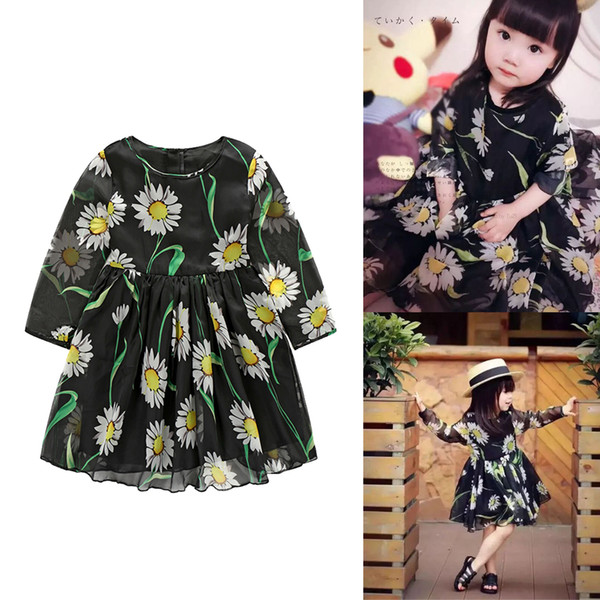 Summer Kids Children Girls Dress Three Quarter Beautiful Daisy Printed Princess Chiffon Dress Sunflower Dress Clothes for Girls