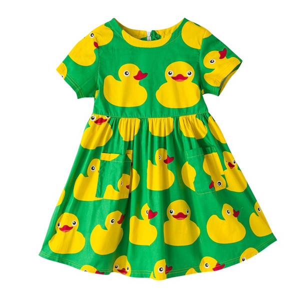 Duck BABY Girls Dresses 2017 New Green Cartoon Pattern Short sleeve girl Dresses for 2-10 Yrs Kids Casual Clothes