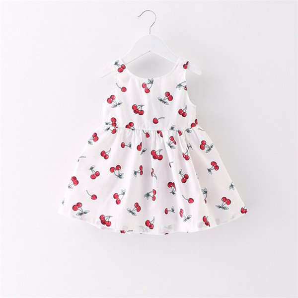 Summer Girls Dress Casual Cherry Print Toddler Bowknot A Line Princess Dress Cotton Sleeveless Kids Vestidos Baby Girl Clothes