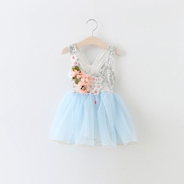 2017 New summer Lace sequin Girls dress princess Blue dress Kids High Quality sleeveless Princess Dress ready in stock